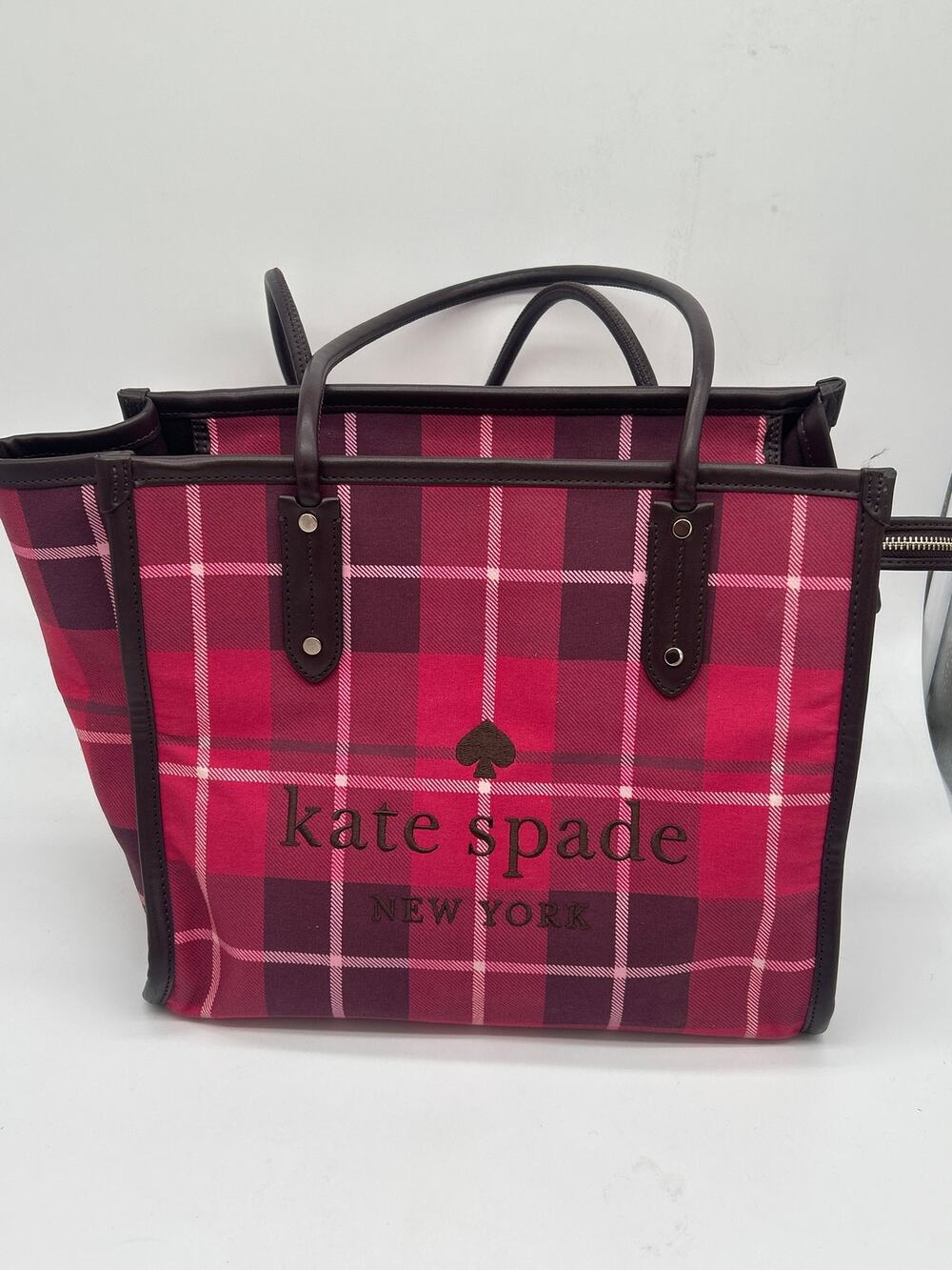 Kate Spade New York Ella Classic Plaid Shoulder Tote Bag Bright Rose Fall Preppy